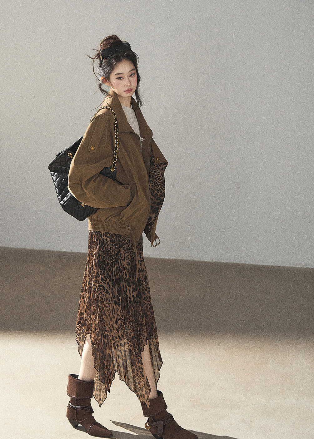 Romantic leopard midi skirt with asymmetrical hem
