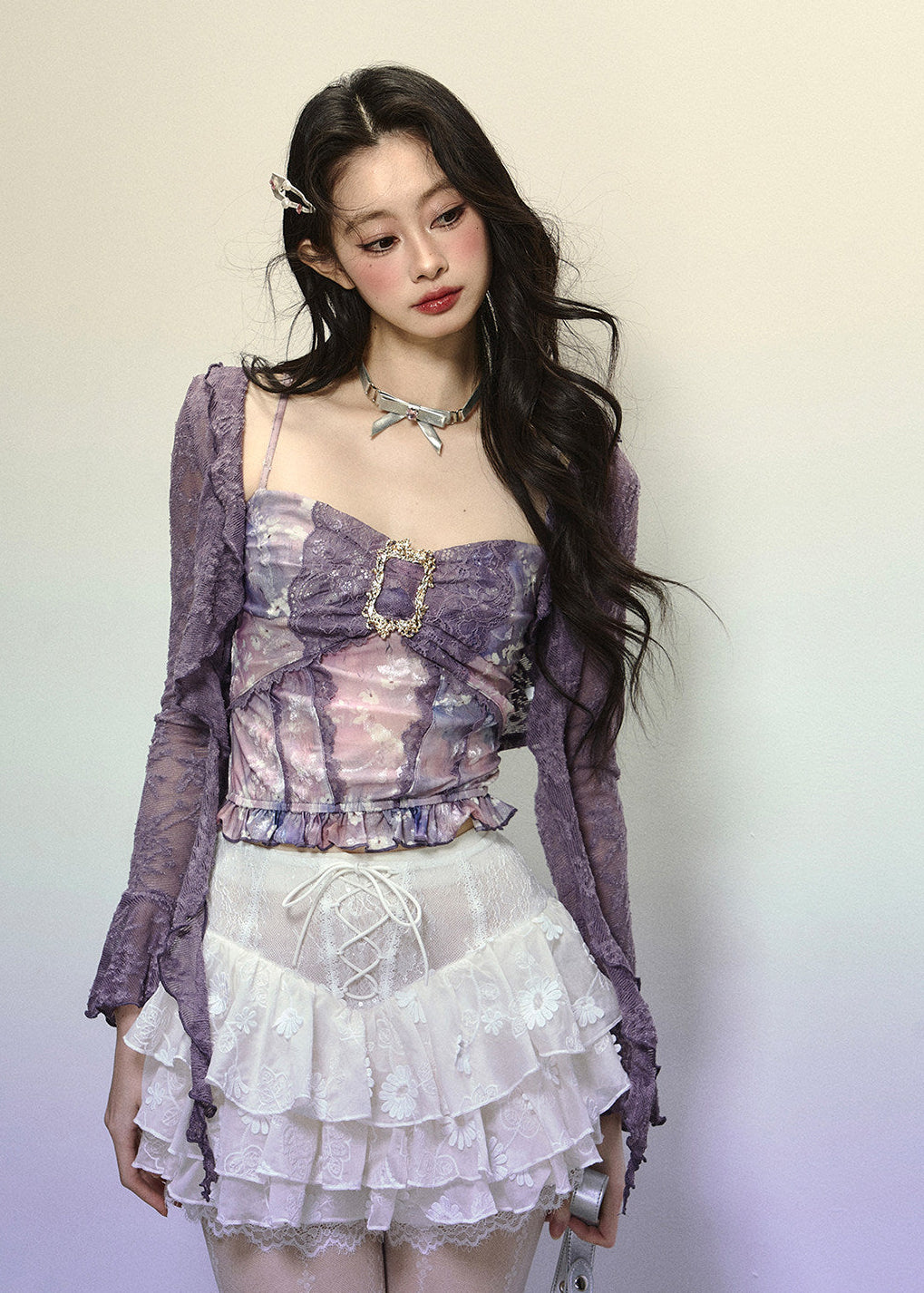 Airy white lace skirt with tiered ruffles