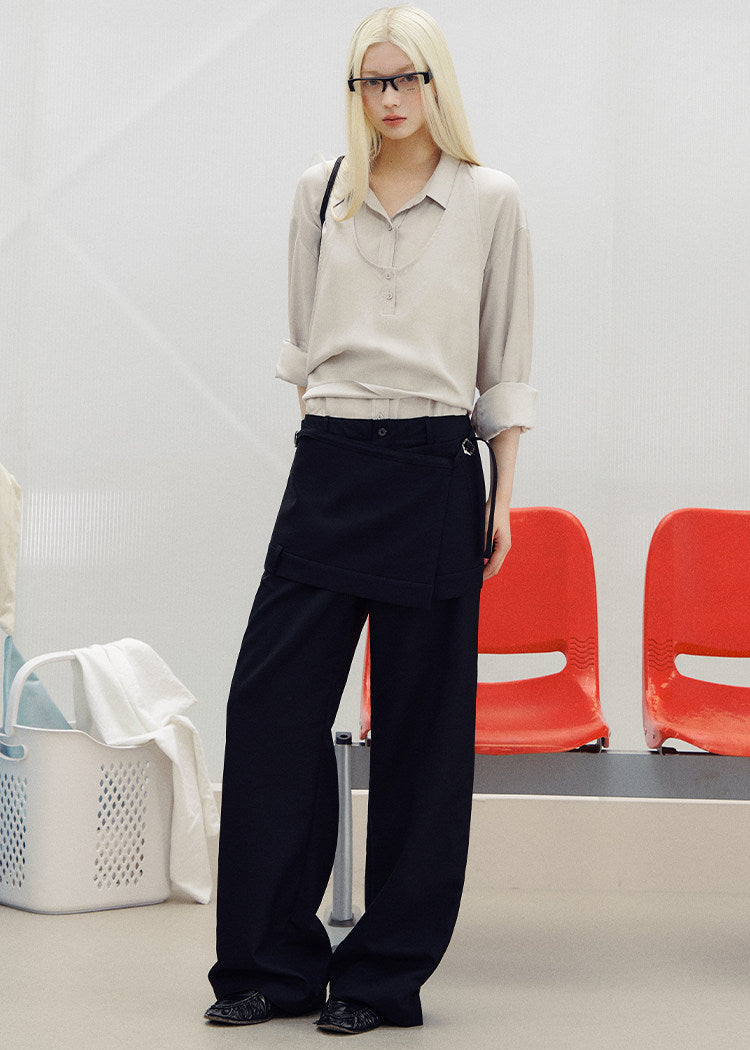 Korean-style blue button-up shirt with a coordinating draped layer