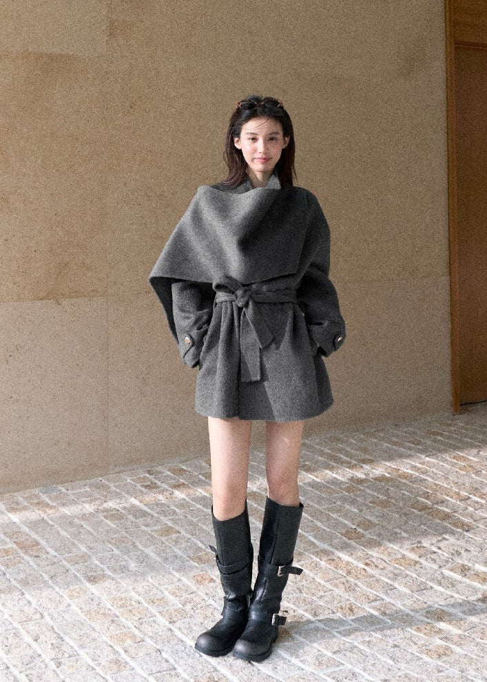 Oversized double-faced wool coat with statement scarf collar