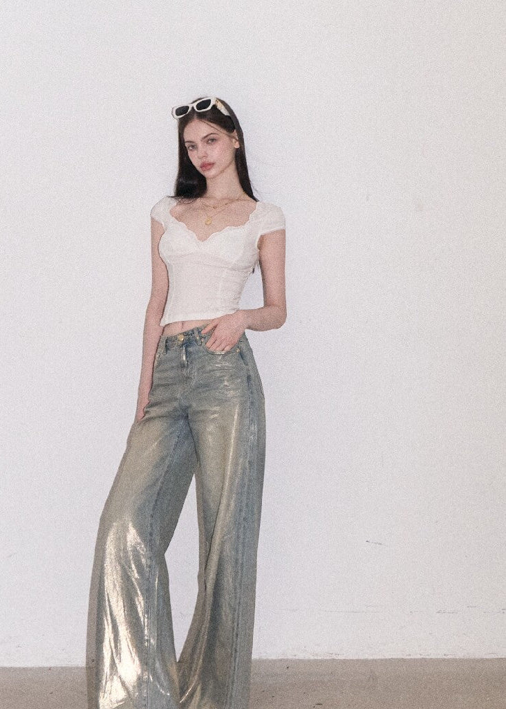 Vintage wash straight-leg jeans with metallic shine