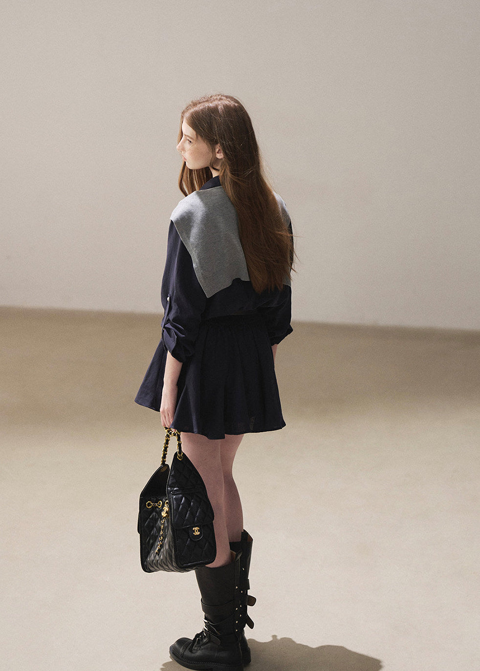 Feminine puff skirt shirt dress in white and navy