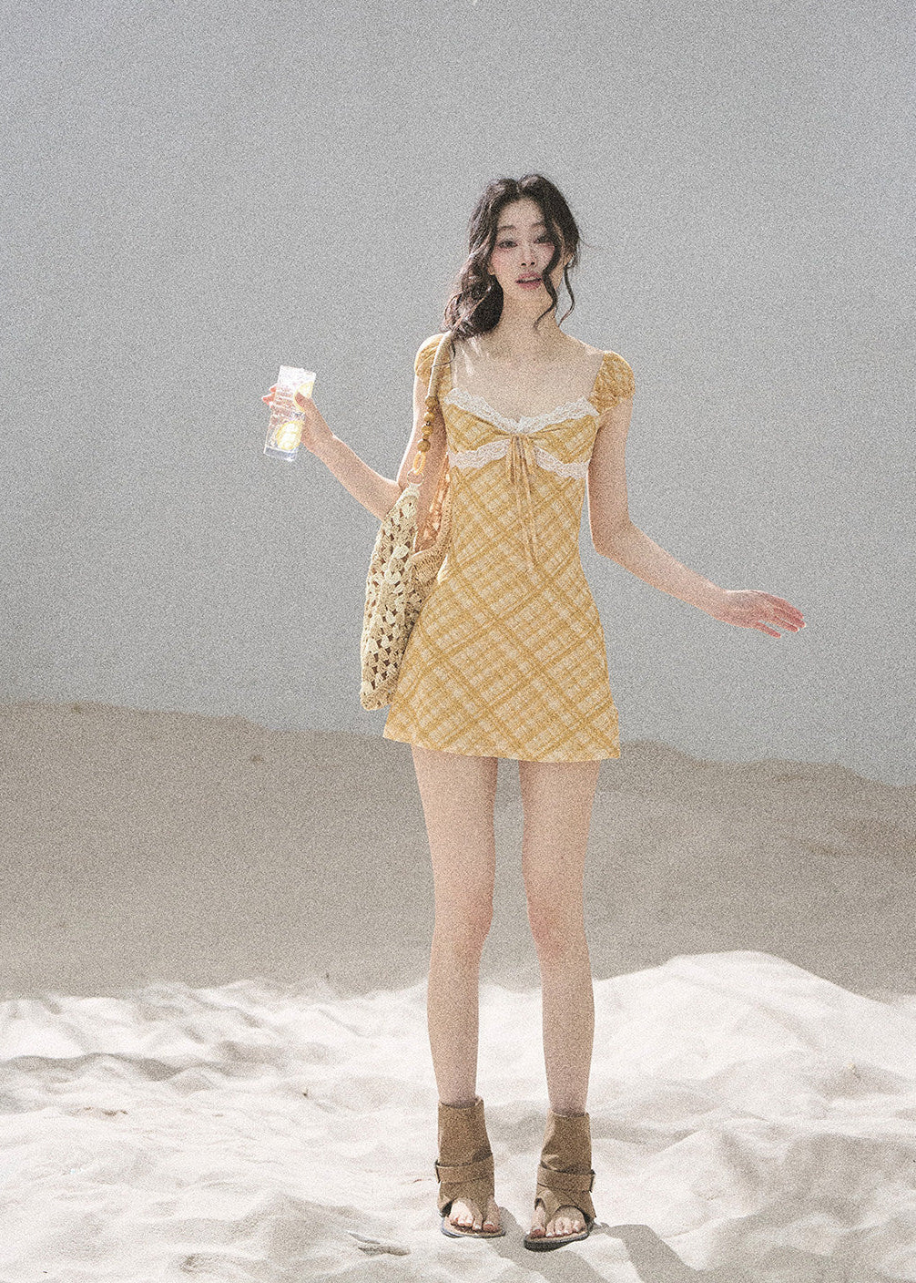 Lightweight plaid mesh dress with contrasting white lace