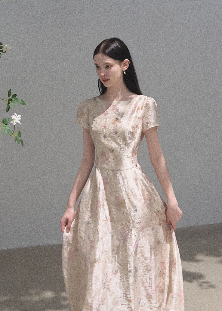 Short-sleeve lace-inspired dress with flared skirt