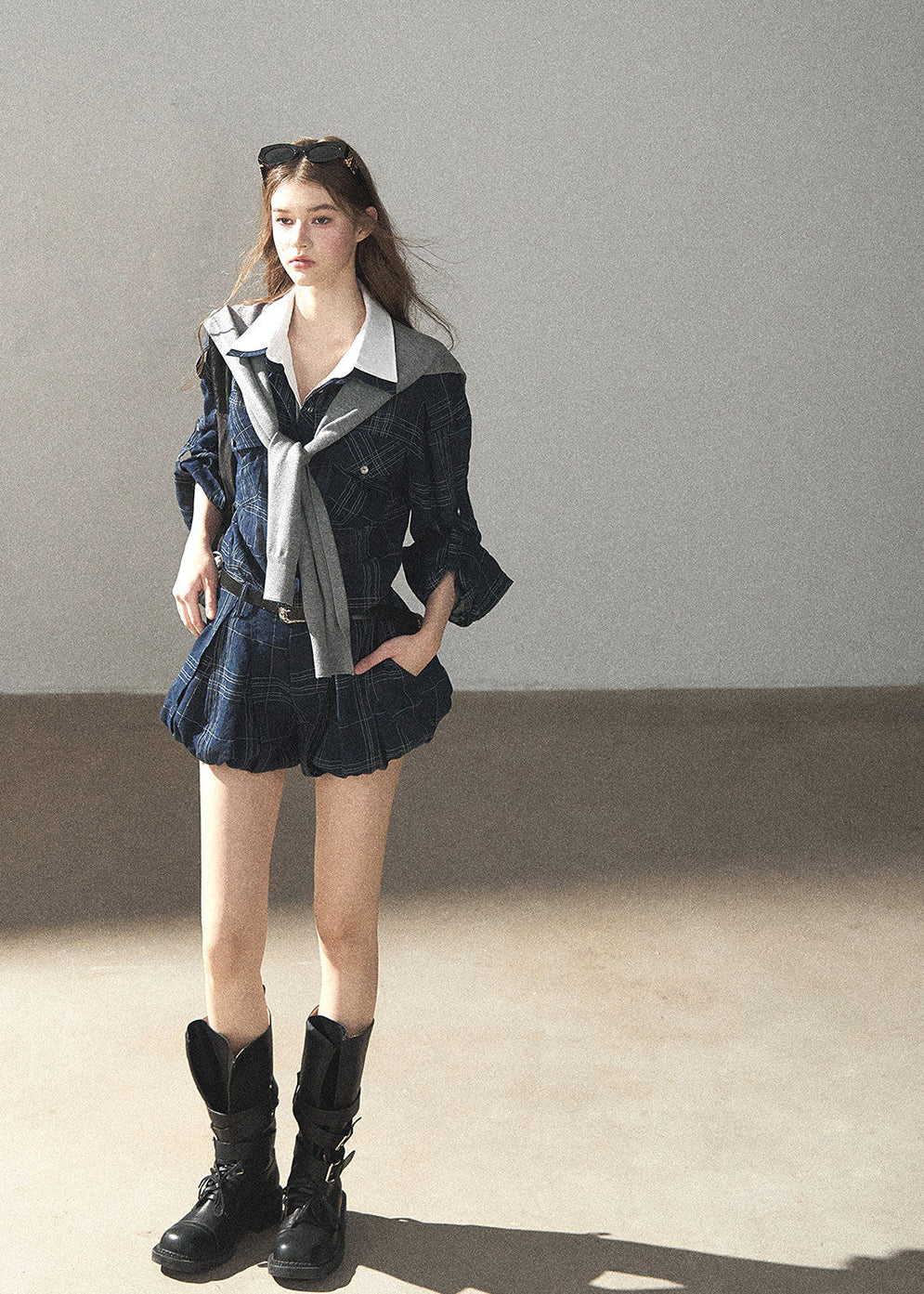 Navy plaid shorts set with layered shirt look