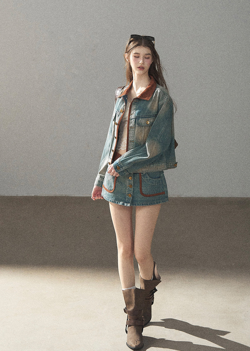 Washed denim jacket and mini skirt set