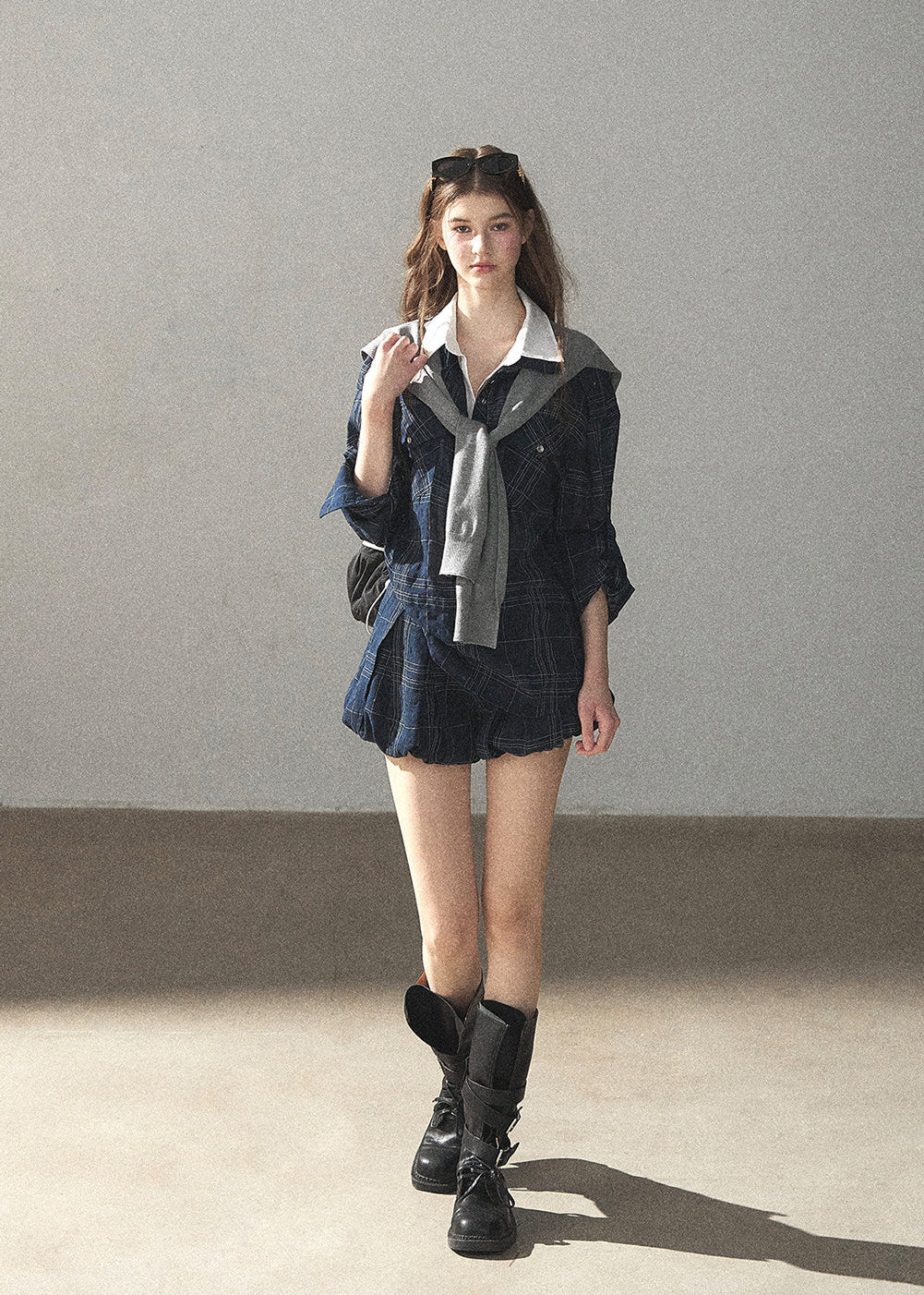 Navy plaid shorts set with layered shirt look