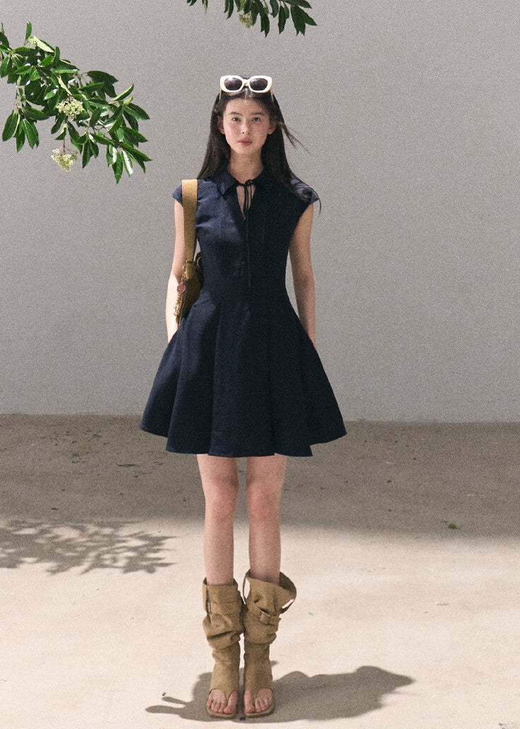 Navy blue waist-cinching midi shirt dress