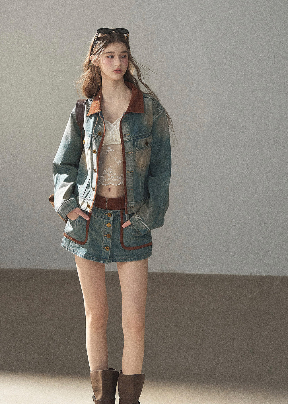Washed denim jacket and mini skirt set