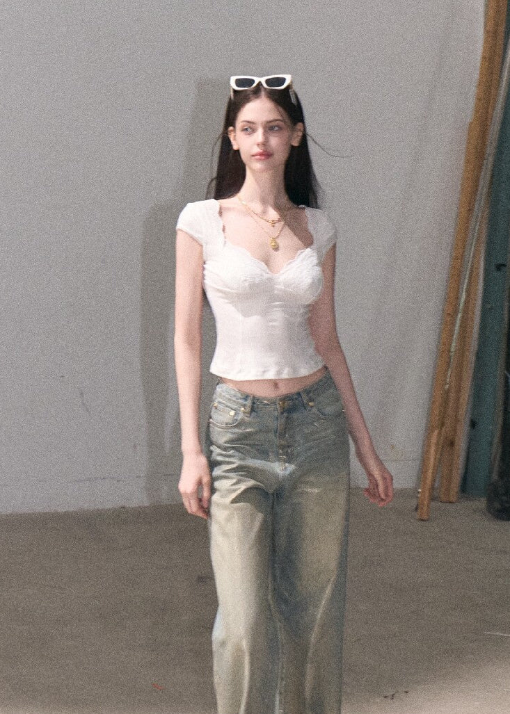Vintage wash straight-leg jeans with metallic shine