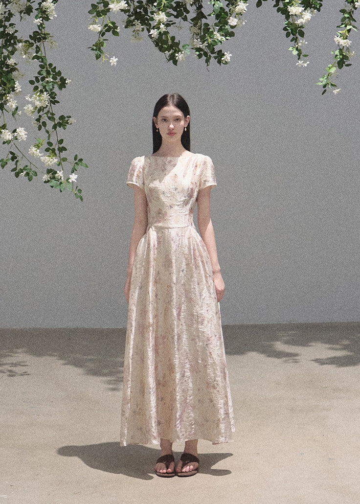 Short-sleeve lace-inspired dress with flared skirt