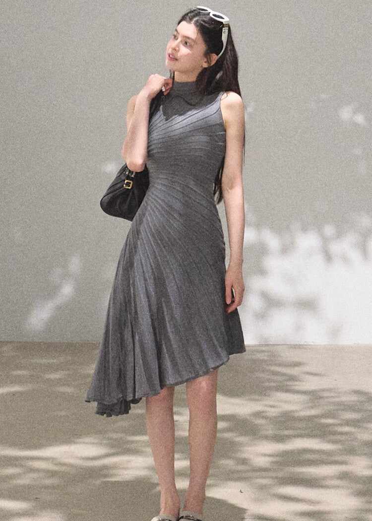 Mist grey high-neck draped dress with waist shaping