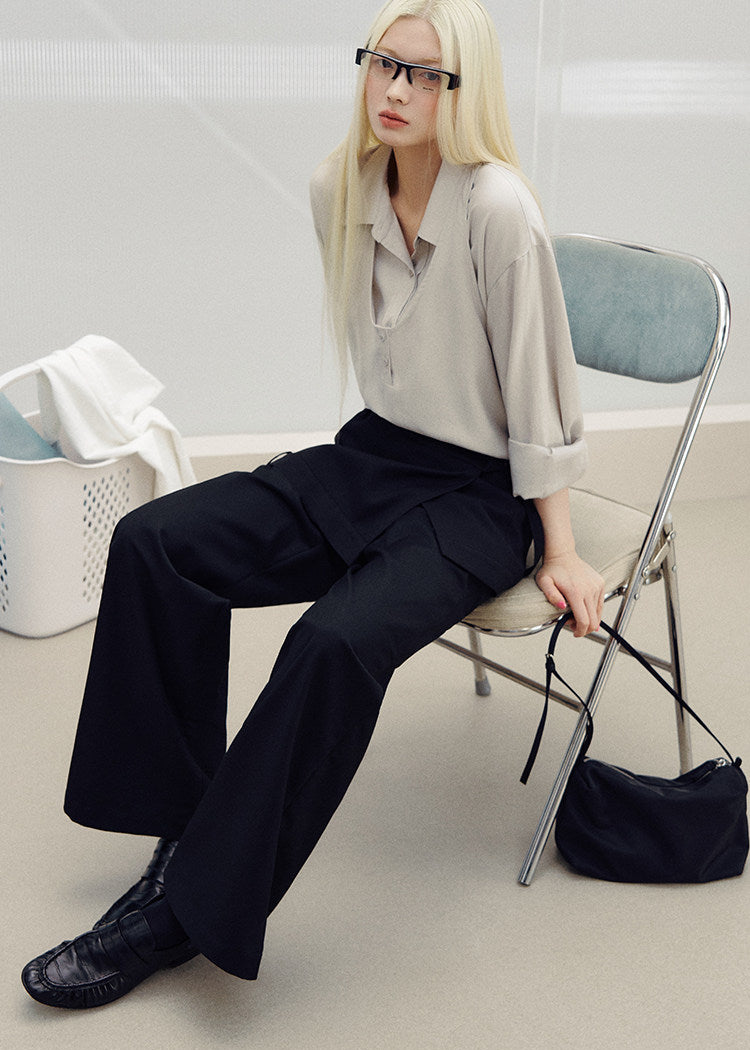 Korean-style blue button-up shirt with a coordinating draped layer