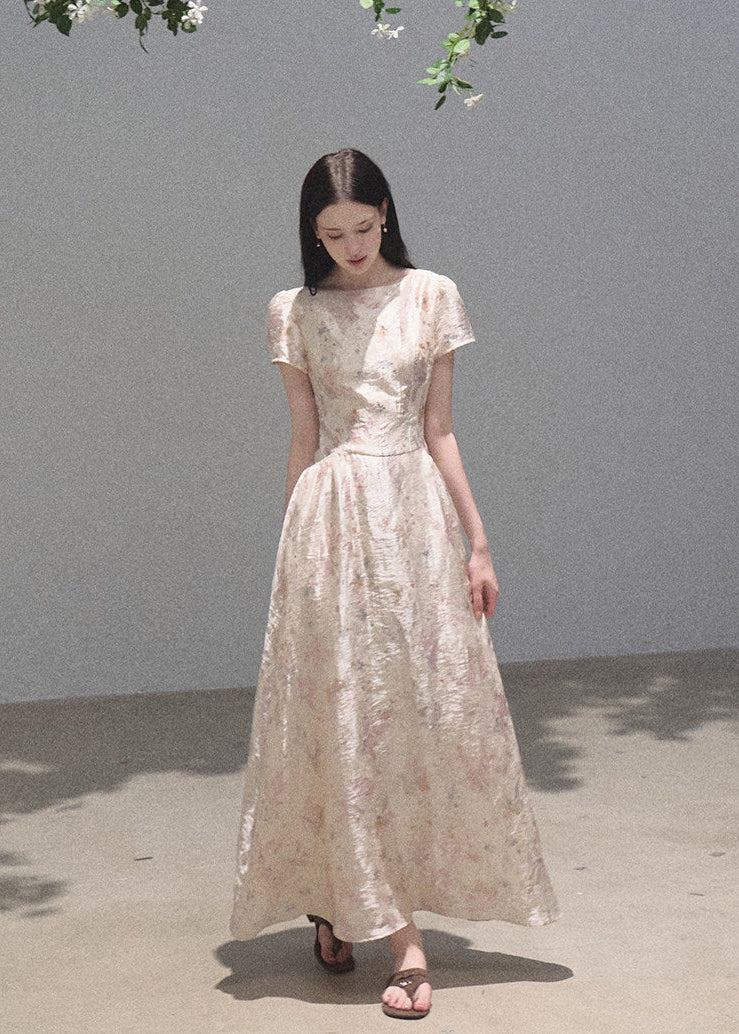 Short-sleeve lace-inspired dress with flared skirt