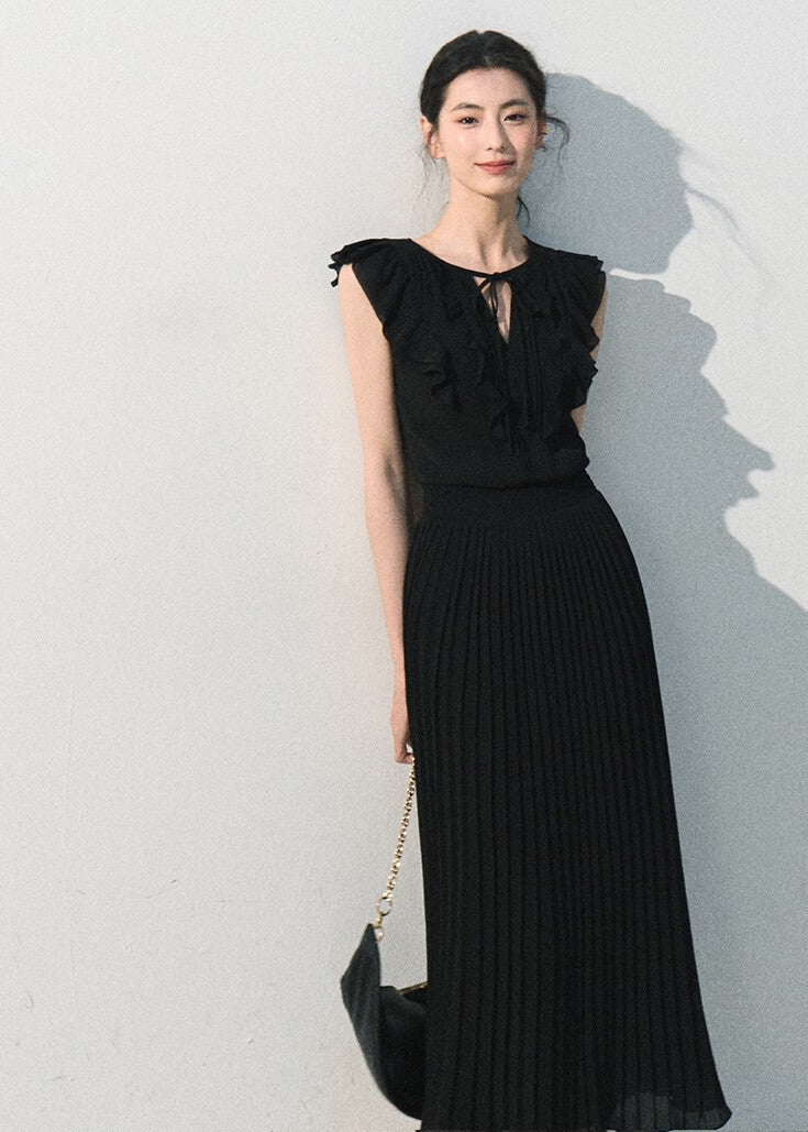 Black ruffle pleated dress with a feminine A-line silhouette