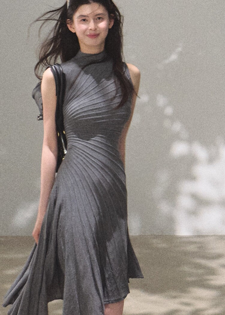 Mist grey high-neck draped dress with waist shaping