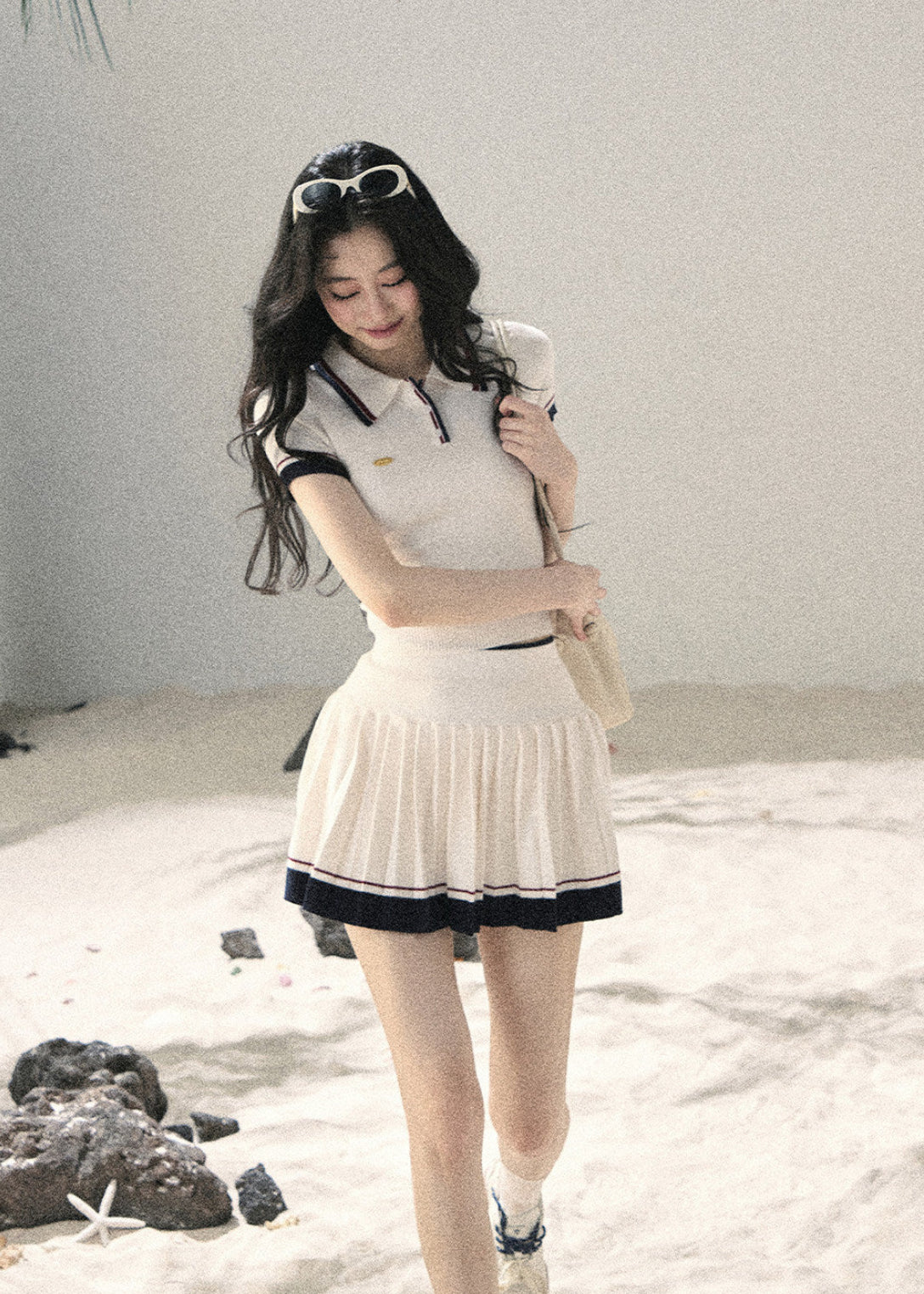 Preppy Knit Polo Top & Pleated Skirt Set