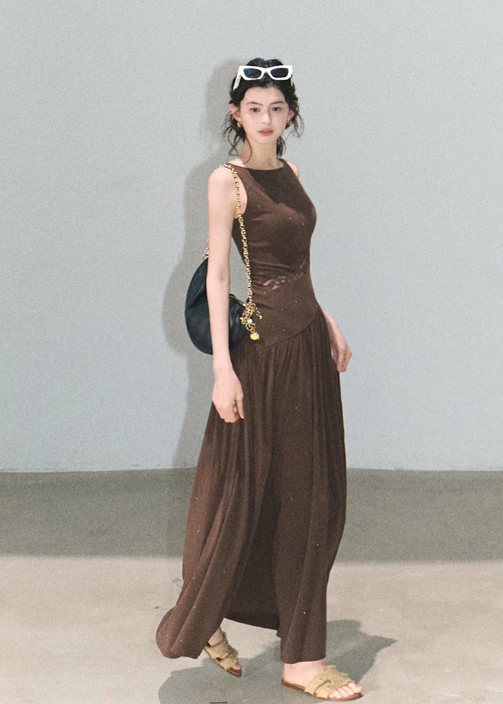 Coffee brown long tank dress with lace panel waist
