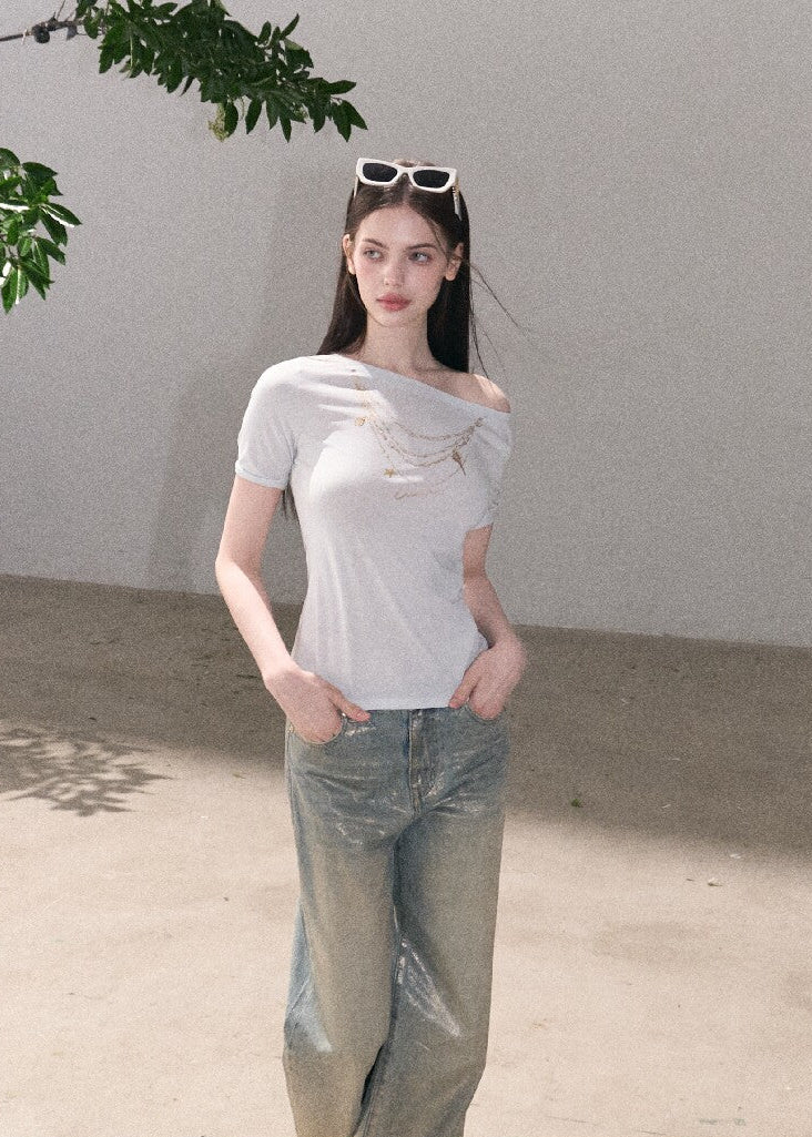 Full-length wide-leg denim pants with gold gradient