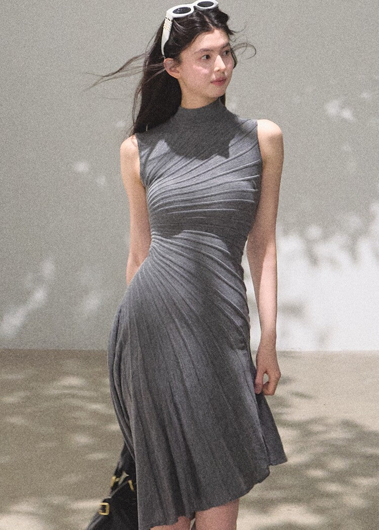 Mist grey high-neck draped dress with waist shaping