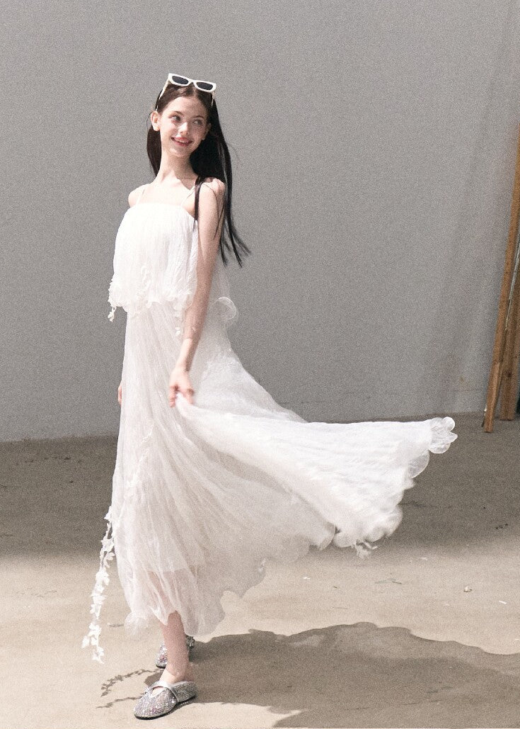 Sheer white lace spaghetti strap dress
