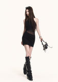 Black fitted party dress with a sheer waist design