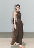 Coffee brown long tank dress with lace panel waist