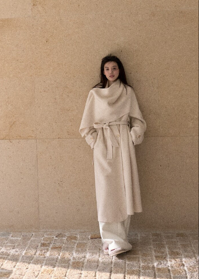Oversized double-faced wool coat with statement scarf collar