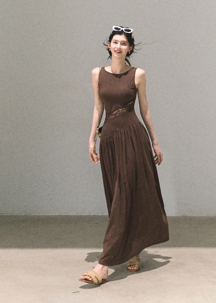 Coffee brown long tank dress with lace panel waist