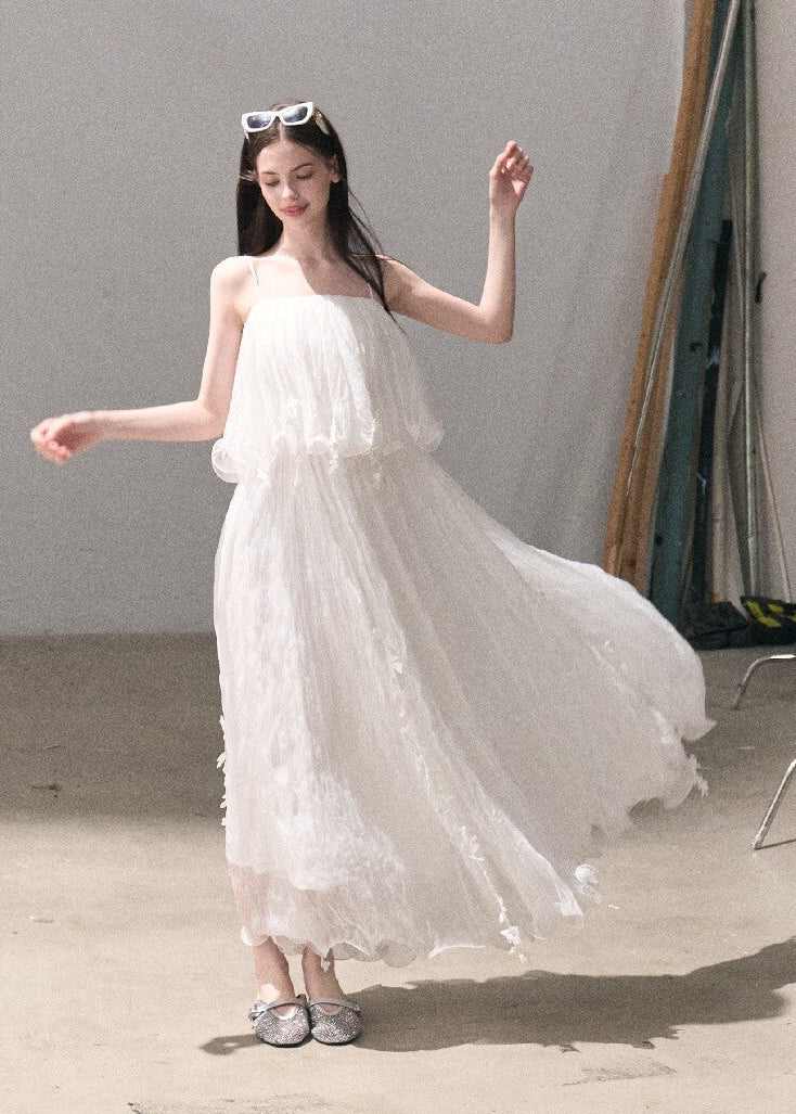 Sheer white lace spaghetti strap dress