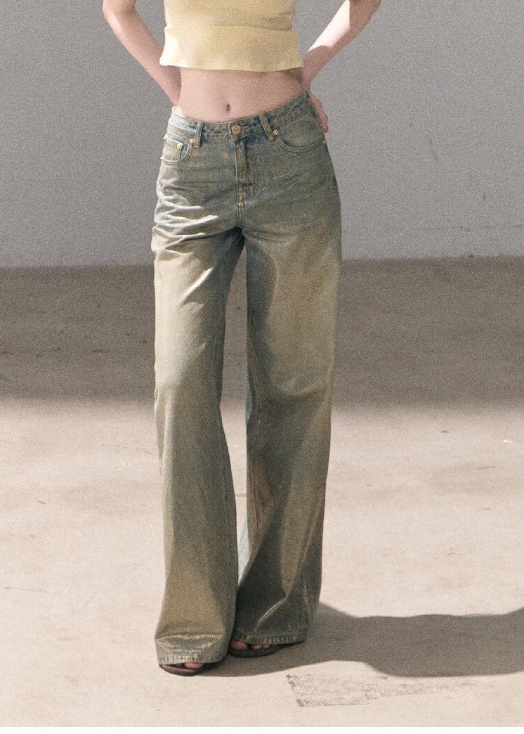 Light wash wide-leg jeans with gold foil finish