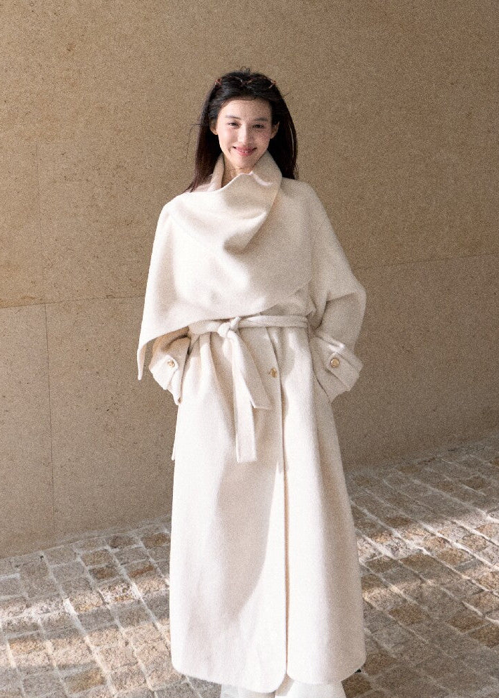 Oversized double-faced wool coat with statement scarf collar