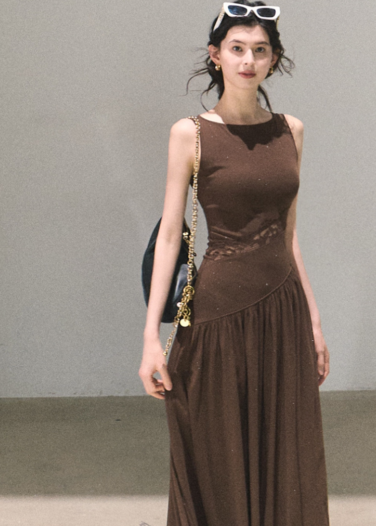 Coffee brown long tank dress with lace panel waist