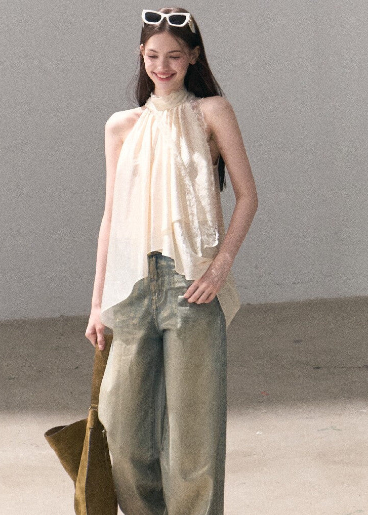 Full-length wide-leg denim pants with gold gradient