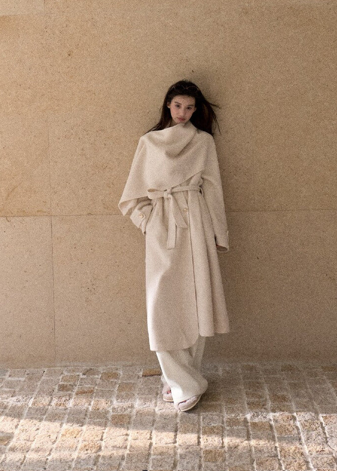 Oversized double-faced wool coat with statement scarf collar