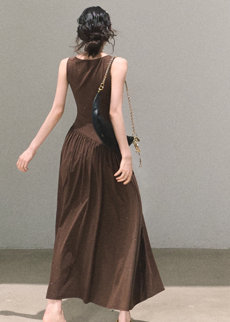 Coffee brown long tank dress with lace panel waist