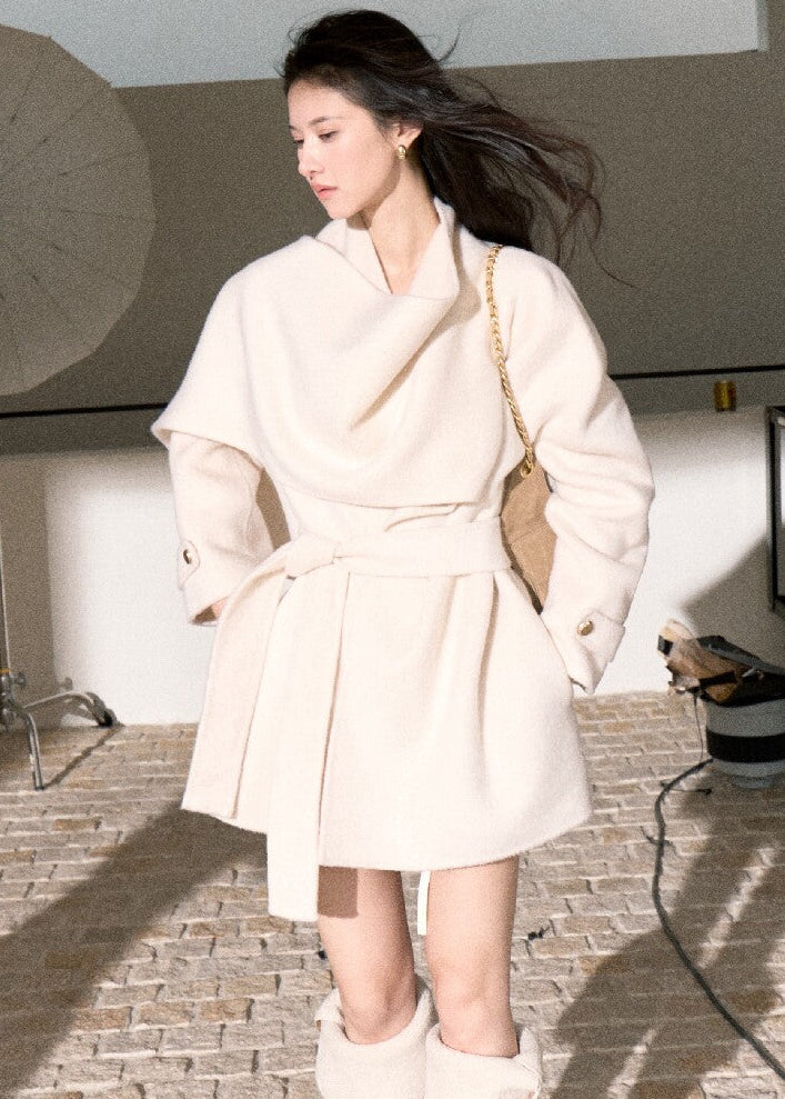 OAKMOO scarf collar wool wrap coat in brown – women's Korean fashion