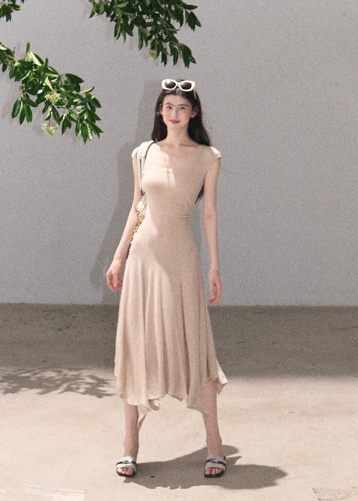 Slim fit sleeveless dress with soft flowing skirt