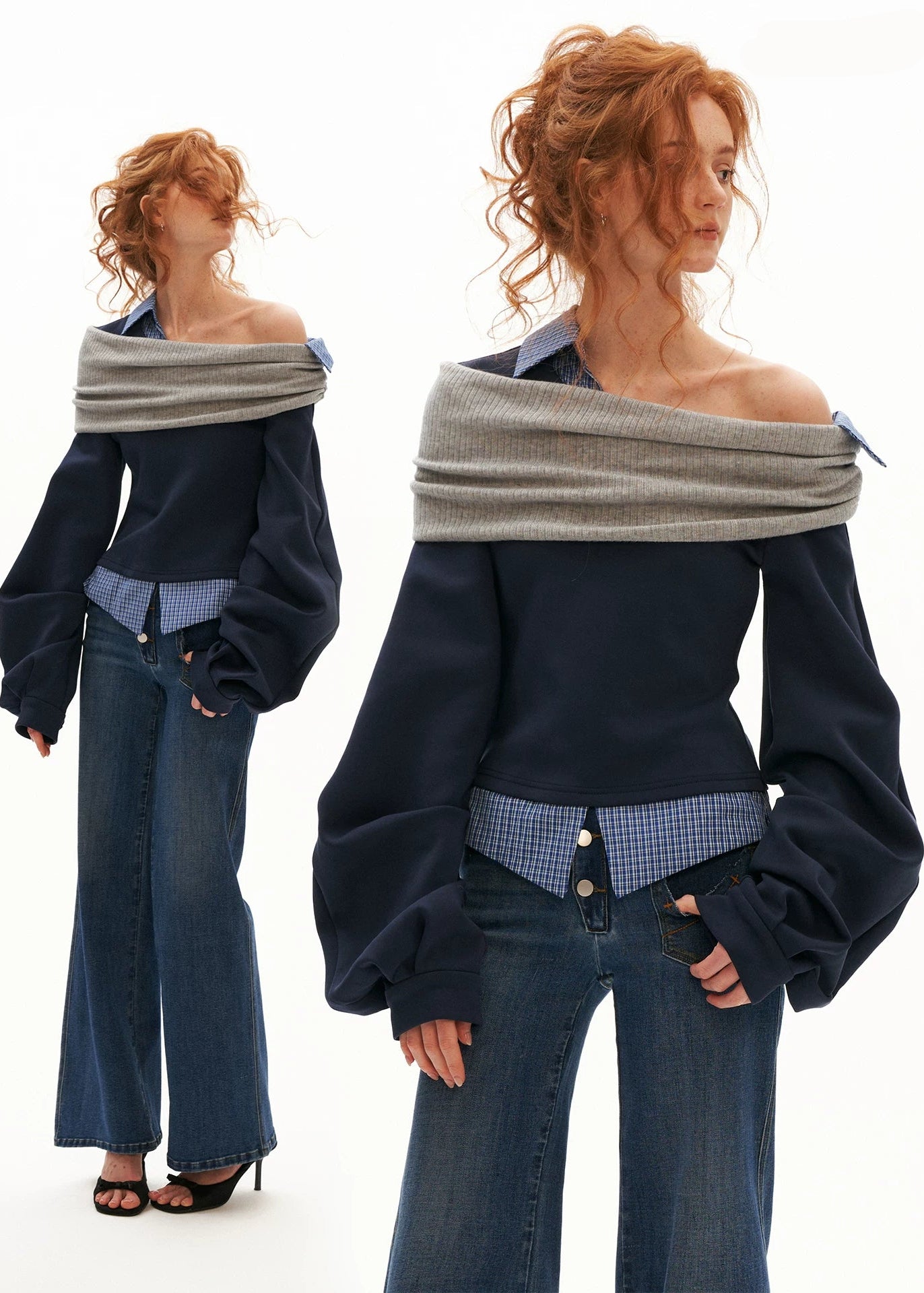 Women's layered plaid sweatshirt with oversized sleeves