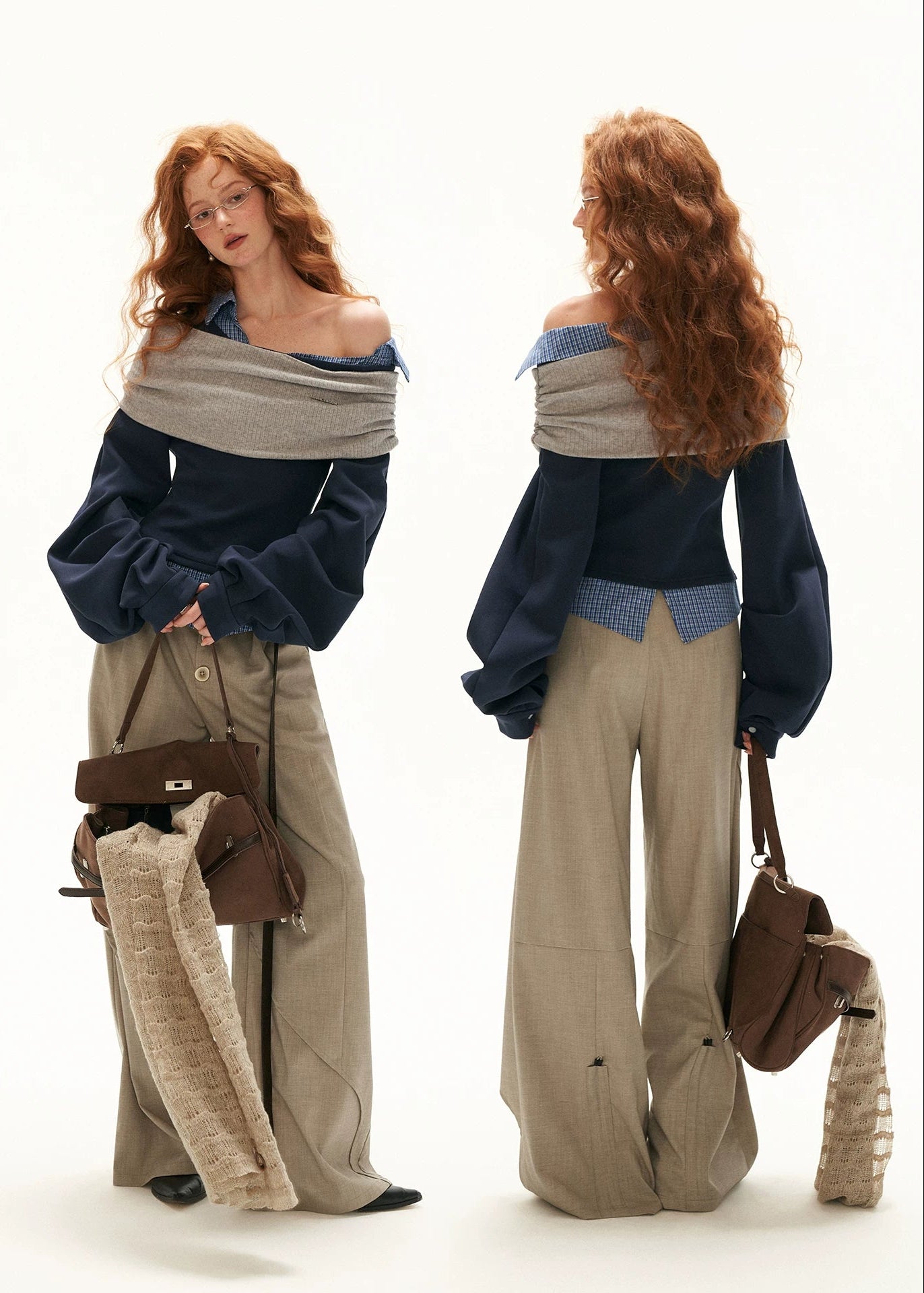 Women's layered plaid sweatshirt with oversized sleeves