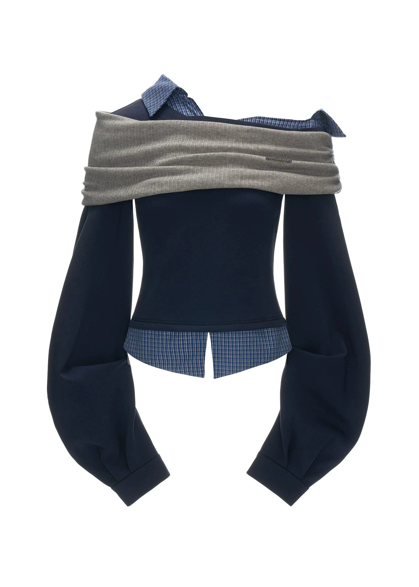 Faux two-piece navy sweatshirt with blue checked shirt details
